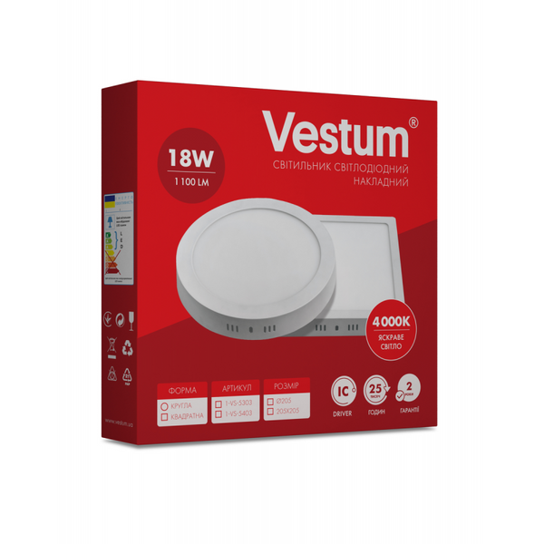 Світильник LED накладний квадритний Vestum 18W 4000K 220V 1-VS-5403 фото