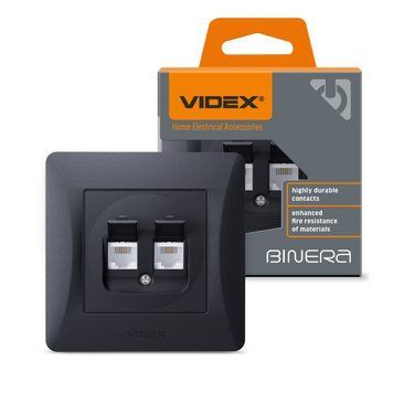Розетка CAT6+CAT3 подвійна чорний графіт VIDEX BINERA 24574 фото
