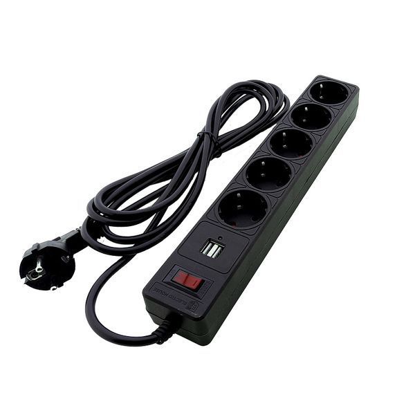 Мережевий фільтр ElectroHouse із заз. 5 гнізд + 2USB 3 м чорний захисні шторки EH-NFBU-5.3 фото