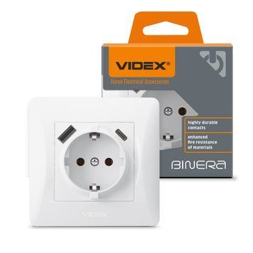 Розетка одинарна із заземленням з USB+USB-C біла VIDEX BINERA 27862 фото